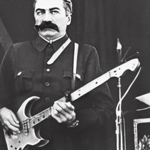 Image similar to a picture of Joseph Stalin playing heavy metal on stage