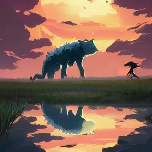 Image similar to giant monstrous aggressive furry creature lurking over a cowering smaller creature, in the foreground a small town, epic science fiction art, clean cel shaded vector art. shutterstock. behance hd by lois van baarle, artgerm, helen huang, by makoto shinkai and ilya kuvshinov, rossdraws, illustration