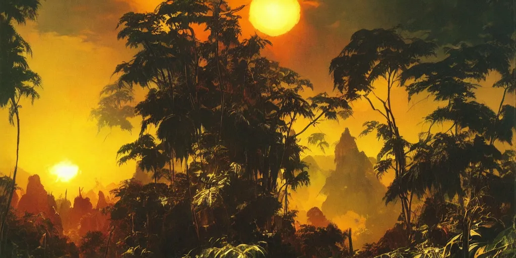 Prompt: backlight jungle dark sunset giant sun panorama by frazetta