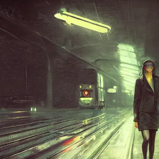 Image similar to detailed portrait of a woman, moment, cyberpunk elevated train, electronic billboards, tech noir, wet reflections, atmospheric, ambient, livia prima, greg rutkowski, edward hopper, pj crook