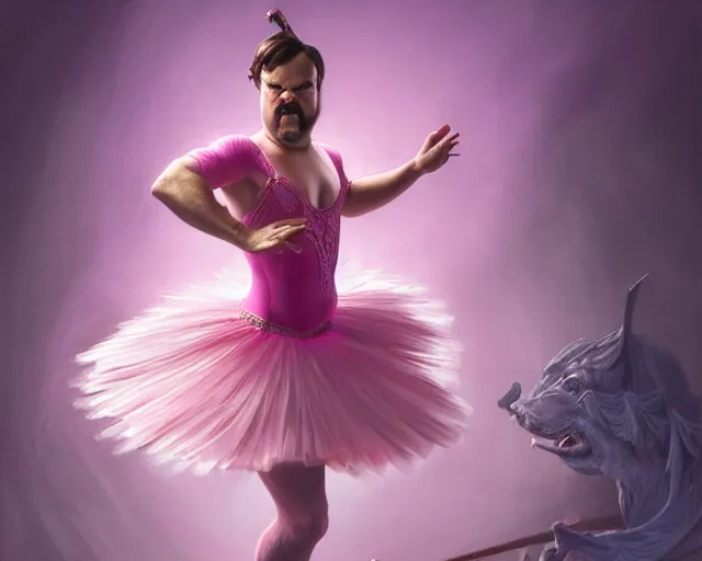 Image similar to photography of jack black dancing in a pink ballerina outfit, full body shot, deep focus, d & d and mtg, fantasy, intricate, elegant, highly detailed, digital painting, artstation, concept art, matte, sharp focus, illustration, hearthstone, art by artgerm and greg rutkowski and alphonse mucha