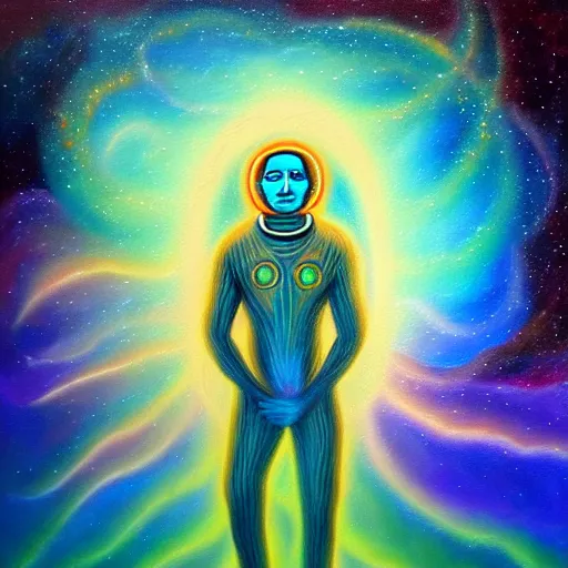 Image similar to transcendent sacred spaceman, astral spirit space journey in oil painting, ayahuasca, trending on artstation, award winning, emotional, highly detailed ethereal surrealist art