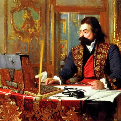 Image similar to russian tsar Peter The Great 18th century installs operating system ubuntu on desktop computer laptop by vasnetsov and surikov serov, JEAN-VICTOR BERTIN, by Terence Cuneo, detailed, artfully traced, 4k resolution, cinematic, dramatic