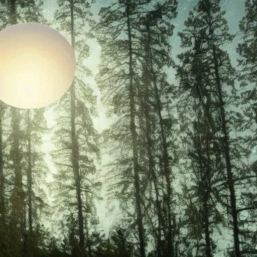 Image similar to oval shaped ufo with ethereal glow, hovering over a forest, large moon, night time, bigfoot