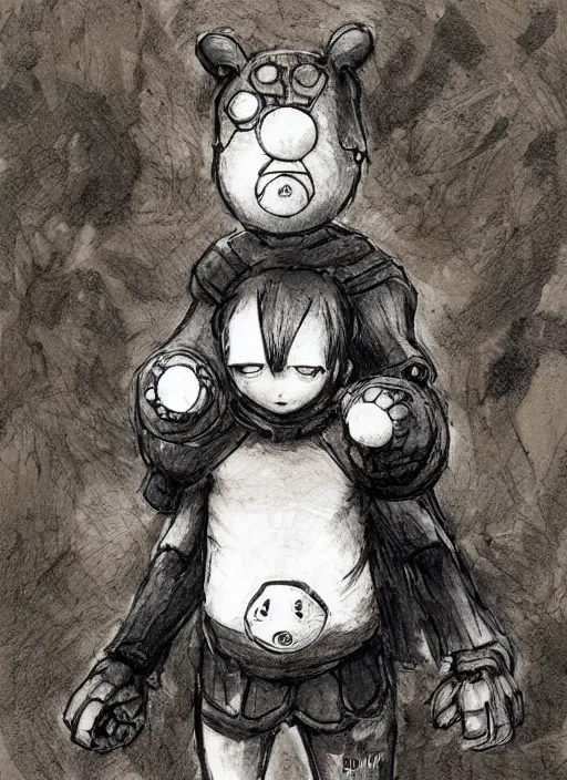 Image similar to beautiful little boy wearing an cyborg bear suit, artwork in kentaro miura and made in abyss and rosdraws, smooth, beautiful lightness, anatomically correct, trending on pixiv, forest