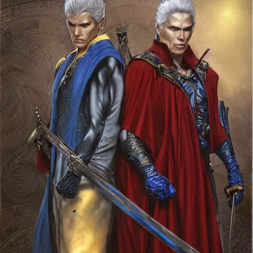 Image similar to Vergil and Dante standing back to back, art by Donato Giancola and James Gurney, digital art, trending on artstation