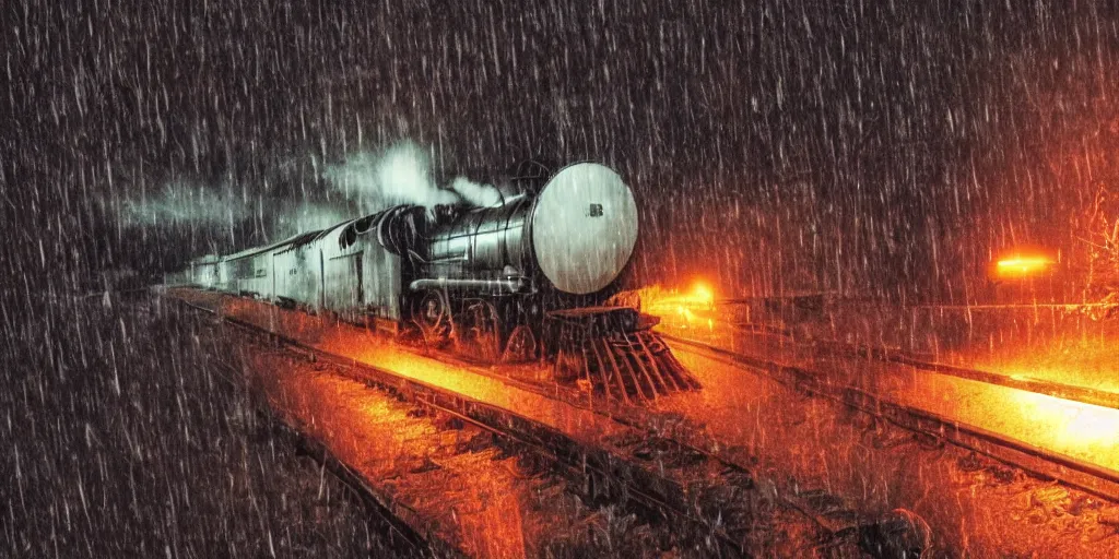 Image similar to fisheye lens slow motion with trail effect of blazing old train with steam locomotive, long exposure shot , at night in the middle of a rainy street, paddle of water, steam, fog, water splashes, rim lights, glossy reflections, water droplets on lens, octane render, dark and dramatic, explosions in the background, detailed and soft, fisheye lens, smooth, sharp focus, illustration, art by artgerm and greg rutkowski and Makoto shinkai