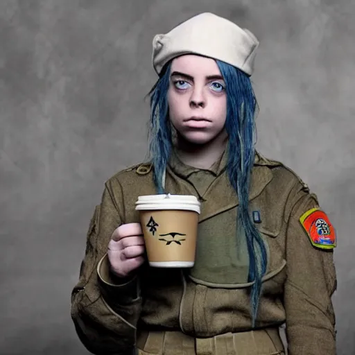 Prompt: billie eilish as a world war 2 combat soldier, landing on the beaches of normandy, holding a starbucks coffee, gritty feel.