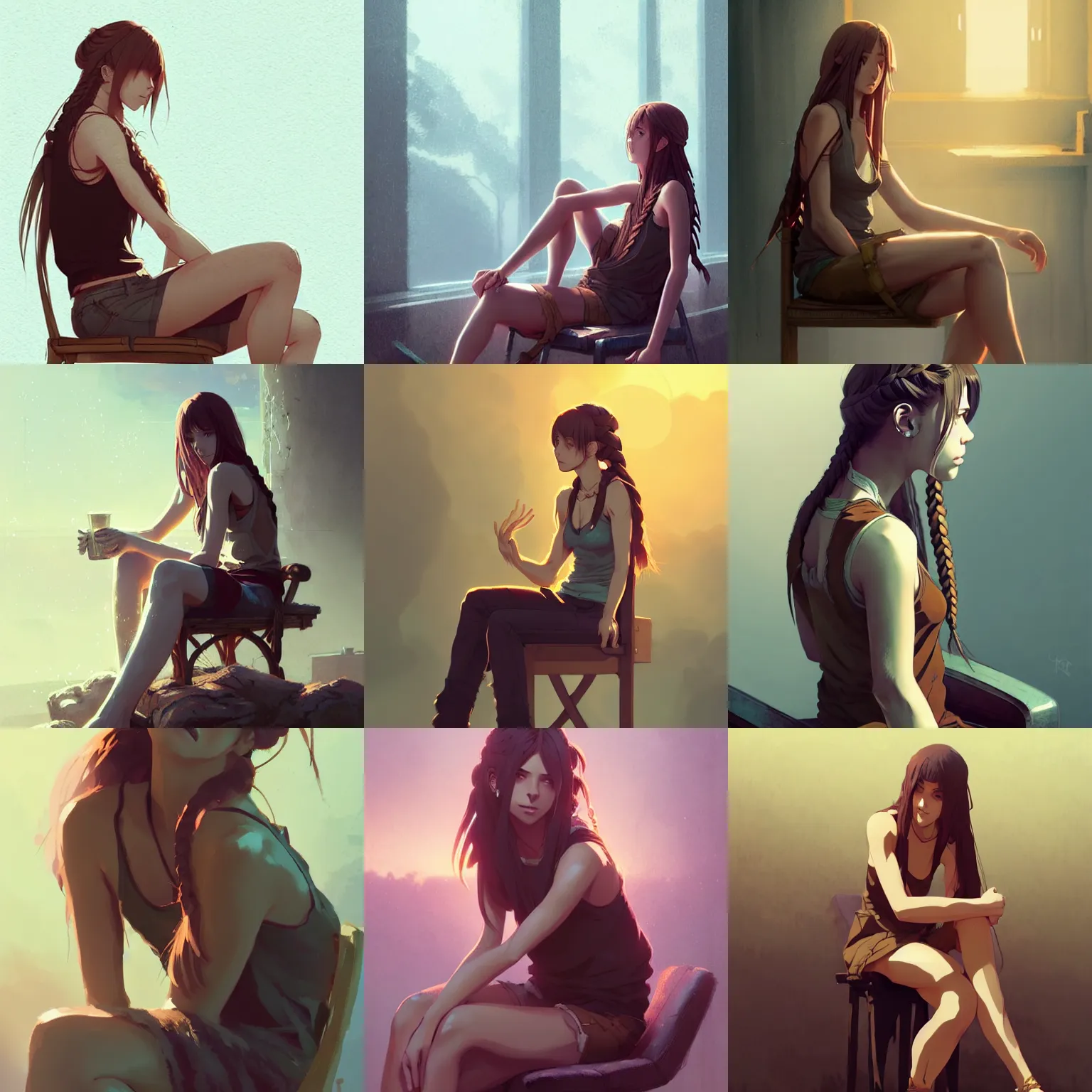 Prompt: beautiful woman with braided brown hair, wearing a low cut tanktop, sitting in a chair, dim color palette, in the style of greg rutkowski, high quality anime artstyle, intricate
