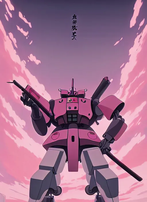 Image similar to Artwork by James Jean, Phil noto and hiyao Miyazaki; a young Japanese future samurai police girl named Yoshimi battles an enormous looming evil natured carnivorous pink gundam robot on the streets of Tokyo; Japanese shops and neon signage; crowds of people running; Art work by studio ghibli, Phil noto and James Jean