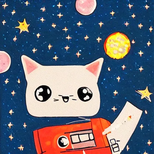 Image similar to a robot cat sitting in a tiny rocket among the stars with a little fish toy in its mouth