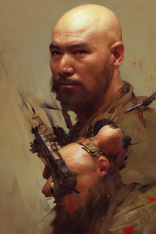 Image similar to creative bald kazakh guy with a short beard, painted by ruan jia, raymond swanland, lawrence alma tadema, zdzislaw beksinski, norman rockwell, jack kirby, tom lovell, alex malveda, greg staples