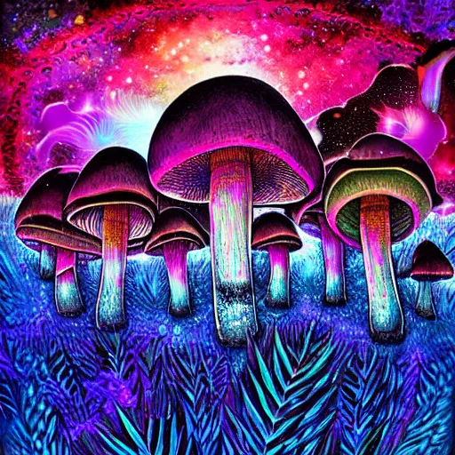 Image similar to psychedelic forest with large mushrooms and nebula sky, shamans, digital art, mystical
