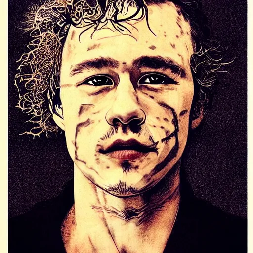 Prompt: “ heath ledger portrait by ikenaga yasunari and ayana otake and ko rakusui, 6 0 s poster, drawing, realistic, sharp focus, japanese, dreamy, nostalgia, faded, golden hues, floral clothes, porcelain skin ”