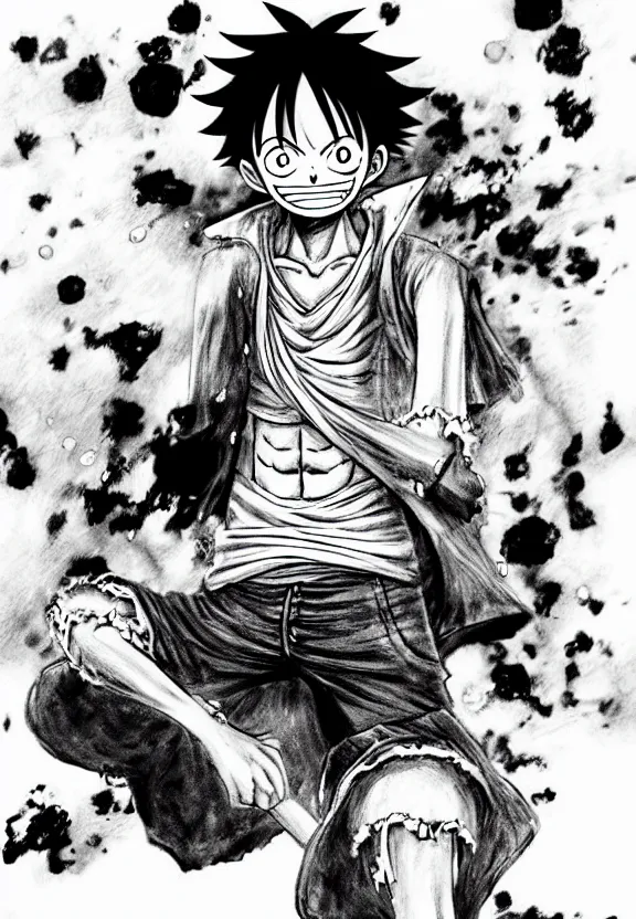 Image similar to Luffy from one piece drawn by Sakimichan!! Water particles! +++ super dynamic posing, portrait! Powerful art!