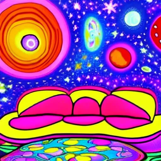 Image similar to psychedelic trippy couch in space, planets, milky way, sofa, cartoon