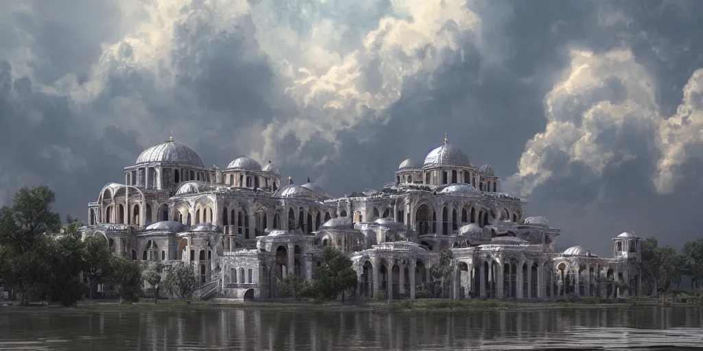 Image similar to beautiful digital illustration of a shining silver Byzantine palace in the sky, fluffy pastel clouds, architecture, concept art, deviantArt, artsation, artstation HQ, HD, 16k resolution, smooth, sharp detail, amazing depth, octane, finalRender, Unreal Engine