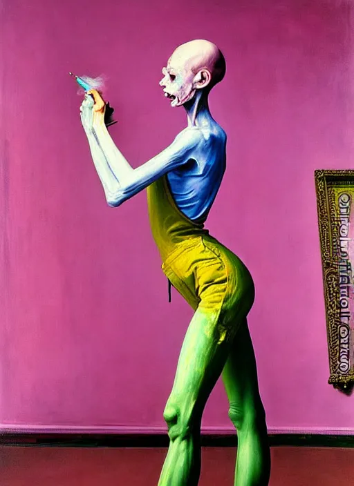 Image similar to a skinny, starving artist wearing overalls, painting the walls inside a grand ornate cathedral, hauntingly surreal, highly detailed painting by francis bacon, edward hopper, adrian ghenie, gerhard richter, soft light 4 k in pink, green and blue colour palette