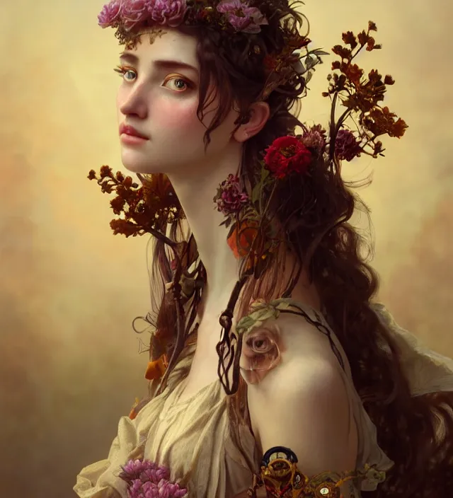 Image similar to baroque portrait of a steampunk bohemian nature nymph in a simple dress with floral decoration, cinematic lighting, photorealistic, octane render, 8 k, depth of field, 3 d, art by artgerm and greg rutkowski and alphonse mucha and uang guangjian