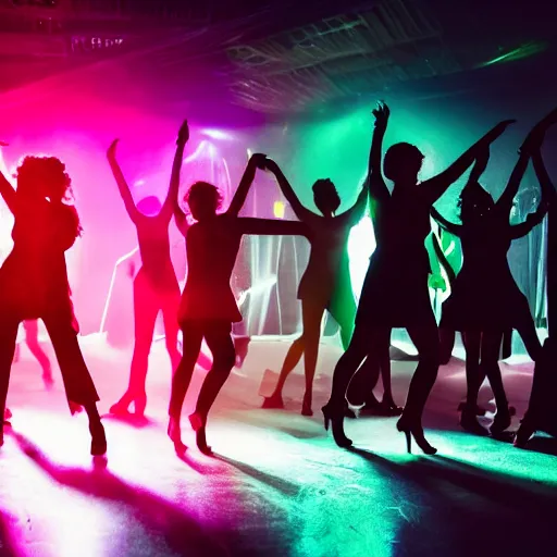 Image similar to dark dancing silhuettes in a dance club, colorful lights, dramatic lighting, a lot of energy, photograph 8 5 mm f 1. 4