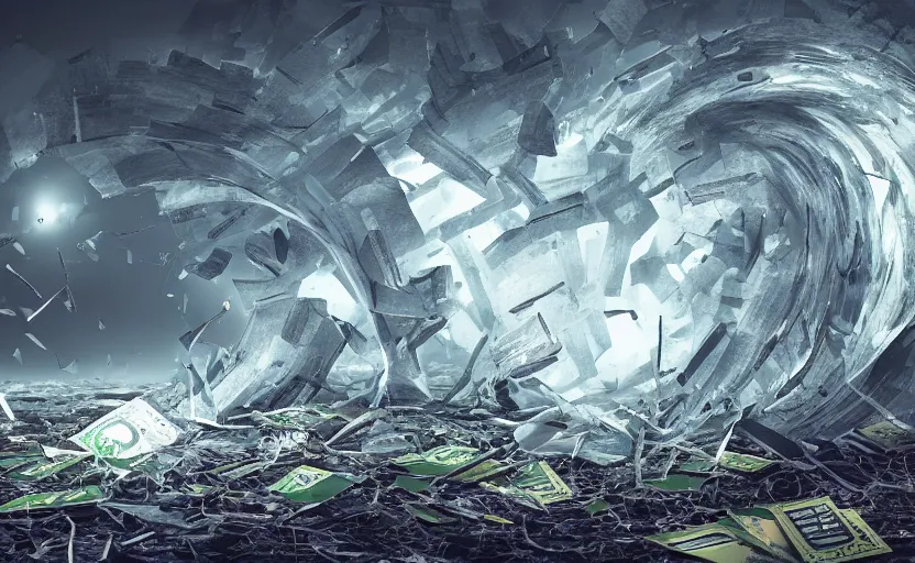 Prompt: A tornado made of cash and Ethereum, crypto, magical, landscape art, concept art, intense, 4k UHD