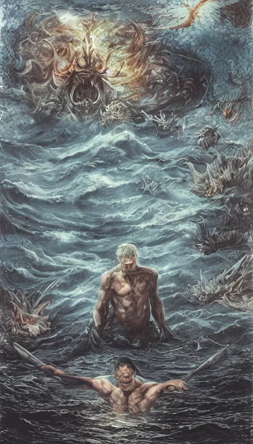 Image similar to man on boat crossing a body of water in hell with creatures in the water, sea of souls, by yoshitaka amano,