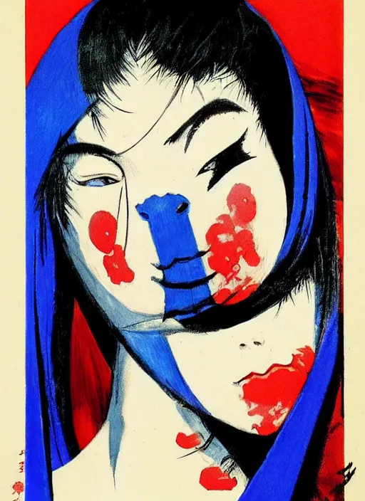 Image similar to portrait of mighty korean vampiress, jeweled veil, blue and red, strong line, saturated color, beautiful! coherent! by frank frazetta, high contrast, minimalism