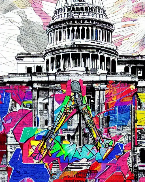 Image similar to manga color drawing of a giant anarchist graffiti on the dome of the capitol building, epic photography, dystopin future , 8k