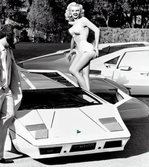 Image similar to marilyn monroe getting into a Lamborghini Countach parked in Beverly hills like wolf of wall street