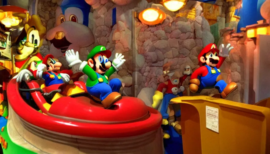 Prompt: 1990s photo of inside the Super Mario ride at Universal Studios in Orlando, Florida, riding with Super Mario through Bowser's Castle , cinematic, UHD