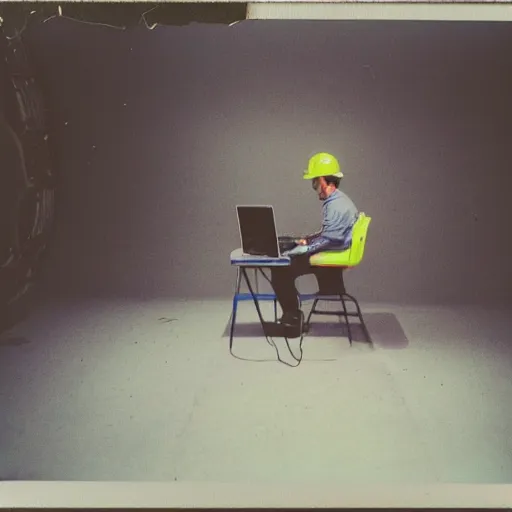 Prompt: a polaroid photo of man using a laptop inside in warehouse, he sitting on chair and small table, he's wearing blue cloth and construction hat behind him is a very scary monster, photo from behind, highly details, perfect face shape, cinematic lighting,