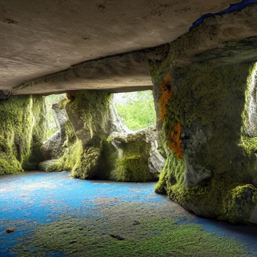 Image similar to abandoned ancient mossy angular rock interior, large open room, gentle blue and orange lighting, angular design