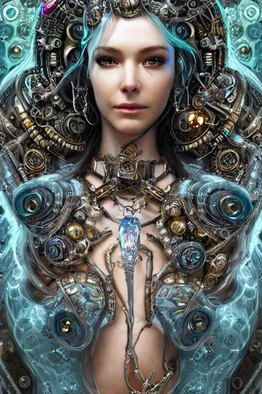 Image similar to a centered render of an alluring wild post apocalyptic cyborg goddess with wearing ornate silver and gemstones and crystal clothing surrounded by flowing liquid gallium jellyfish and sacred geometry, perfect body and face, gorgeous, cinematic, beautifully lit, by artgerm, by karol bak, by donato giancola, 3 d, trending on artstation, octane render, 8 k