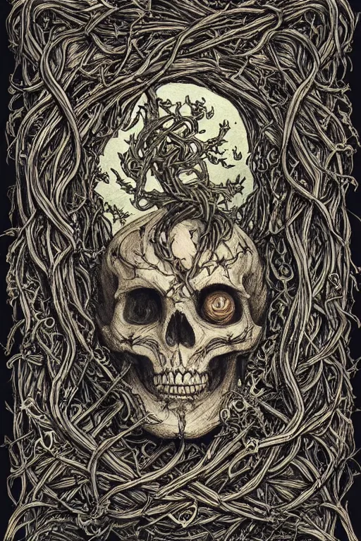 Image similar to portrait of dead king skeleton wrapped in vines, black paper, baroque, rococo, tarot card with ornate border frame, marc Simonetti, paul pope, peter mohrbacher, detailed, intricate ink illustration