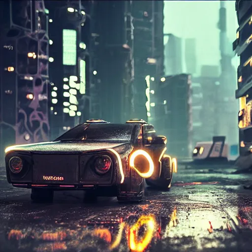 Image similar to Gritty futuristic cyberpunk VW W16 in a Russian cyberpunk slum city called Neo Norilsk on the Moon, at night, diverse, lively, Milky way on the sky, blinding sun, sci-fi photorealistic, grainy, 35mm, intricate, very very beautiful, elegant, smooth, cinematic, Unreal Engine 5, by Beeple, trending on Artstation HD