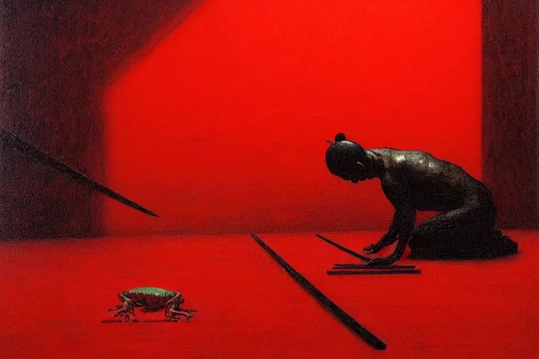 Image similar to only with red, a red samurai do seppuku, tokio, a lot of frogs watch, in the style of beksinski, parts by edward hopper, parts by rodcenko, parts by yue minjun, intricate and epic composition, red by caravaggio, insanely quality, highly detailed, masterpiece, red light, artstation, 4 k