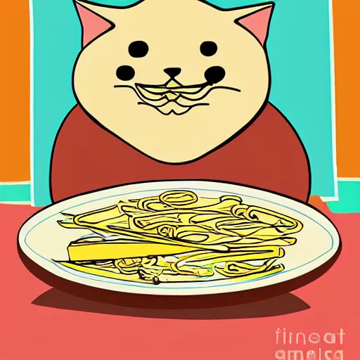 Image similar to fat cat eating noodles on toast, digital art