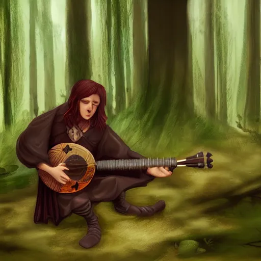 Prompt: A minstrel playing a lute in a forest. Dark fantasy. Gothic. Horror. Digital painting. Digital Art. Artstation.