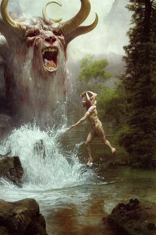 Prompt: martyn fords as huge muscular demon with ram's horns and emerging from lake in rockies, water splashing cascading, beautiful day, by albert bierstadt, ruan jia, lawrence alma tadema, zdzislaw beksinski, norman rockwell, jack kirby, tom lovell, greg staples