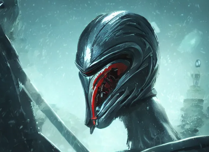 Image similar to cyber warrior with penguin mask, claws, horror scene, artgerm, rutkowski, tooth wu, beeple, and intricate