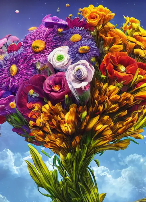 Image similar to An epic fantastic realism comic book style painting of the most beautiful flowers launched into space, bouquets, fisheye lens, unreal 5, DAZ, hyperrealistic, octane render, dynamic lighting