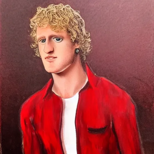 Image similar to logan paul wearing a red dress, realistic, detailed, portrait,
