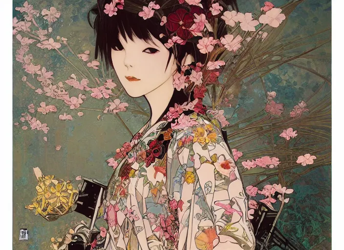 Image similar to oil painting, long shot, beautiful floralpunk japanese bio mechanical female illustration detailed patterns art of japan traditional dress, flower pop art, floral splash painting, art by ashley wood, alphonse mucha, makoto shinkai, geof darrow, dark shadow