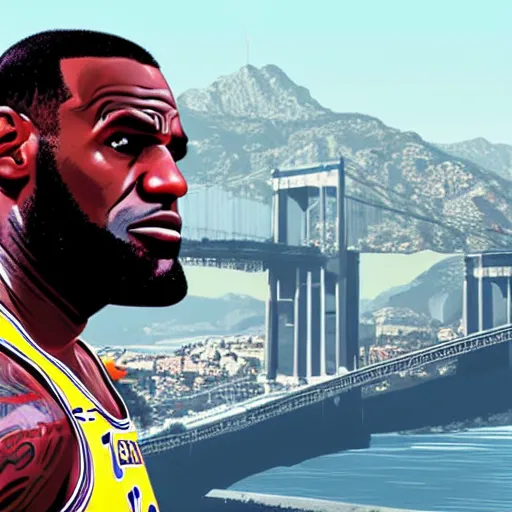 Image similar to lebron james in gta v cover art, art by stephen bliss, matte painting sharp focus