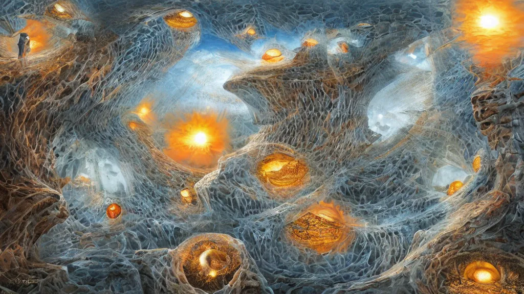 Image similar to the seven circles of hell in the styles of igor morski, jim warren, and rob gonsalves, intricate, volumetric lighting, fiery, imaginative