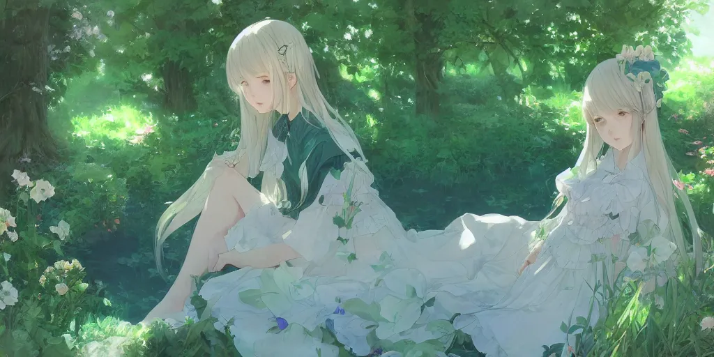 Image similar to a depressed digital art, loli in dress, garden, green and warm theme, blue accents, back lighting, highly detailed, 4 k resolution, trending on art station, by krenz cushart and mucha and akihito yoshida and greg rutkowski and makoto shinkai