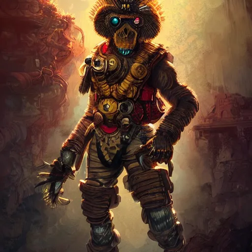 Image similar to a golden skull face monkey warrior with a ruby in his forehead, and dreadlocks, Apex Legends character, digital illustration portrait design, by android jones and greg rutkowski, retrowave color scheme, detailed, cinematic lighting, wide angle action dynamic portrait