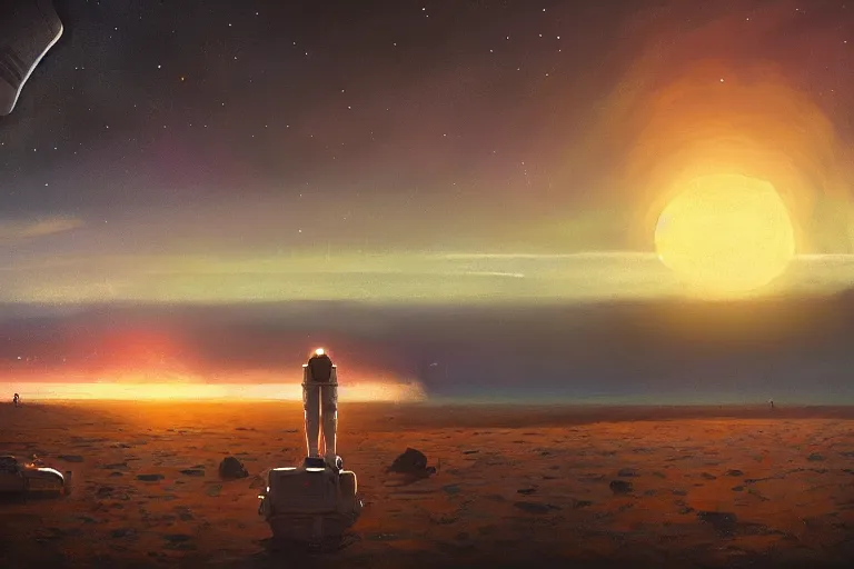 Prompt: astronaut sitting at the beach of an alien planet watching the sunset, surreal photography, dark night, stars, moon light, impressionist painting, clouds, digital painting, artstation, simon stalenhag