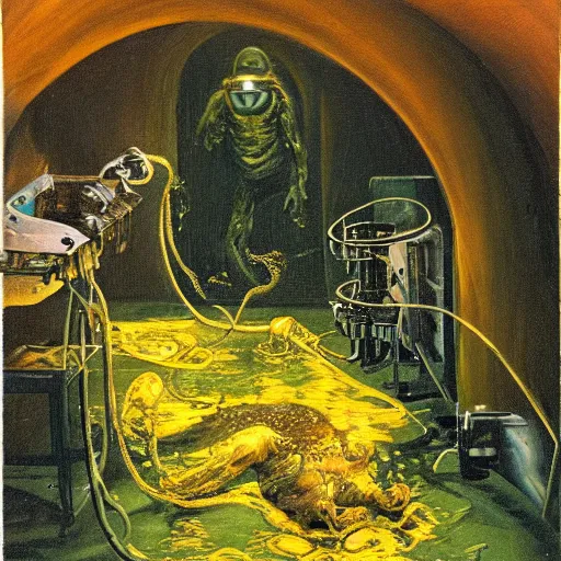 Prompt: dark green hi-tech sci-fi lab at night, realistic gustave coubert painting a hideous and sick human exposed guts crawling in two legs and dripping golden metalic fluid from intestine into a pool of golden liquid on the floor. Smokey atmosphere