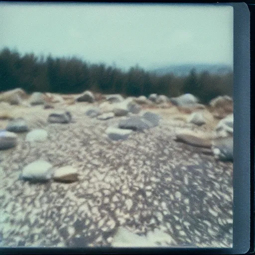 Image similar to a big flat rock flying through the sky, blurry photo, old polaroid, expired film, historical photo,